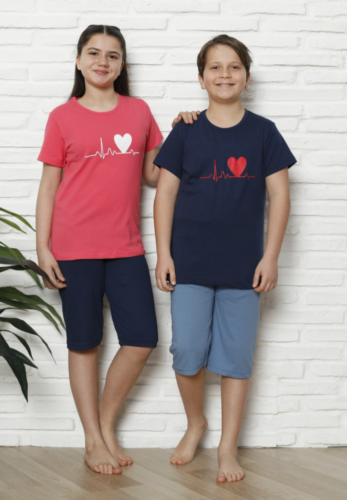 Pijama Copii cu maneca scurta si pantalon 3/4,culoare Coral si Bleumarin, Engros